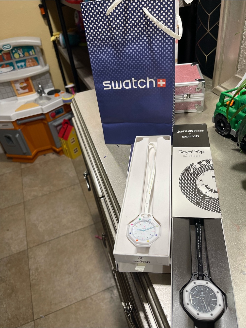 Swatch White Silicone Royal Pop Watch with Multicolor Accents